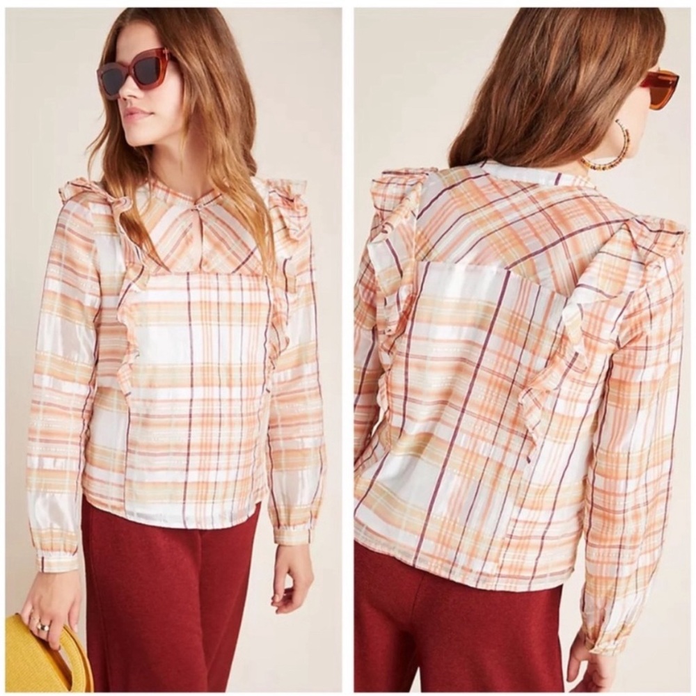 Anthropologie Current Air Plaid
Ruffle Blouse EUC